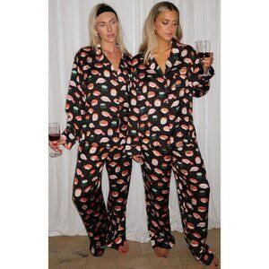 Show Me Your Mumu Sushi Classic PJ Set Pajamas Black Satin Shirt Pants XS